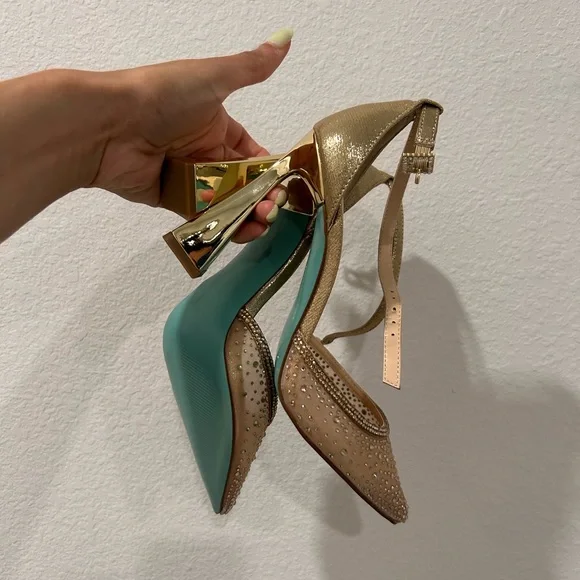 Betsey Johnson Gold and Tan Slingback Heels - Picture 7 of 11